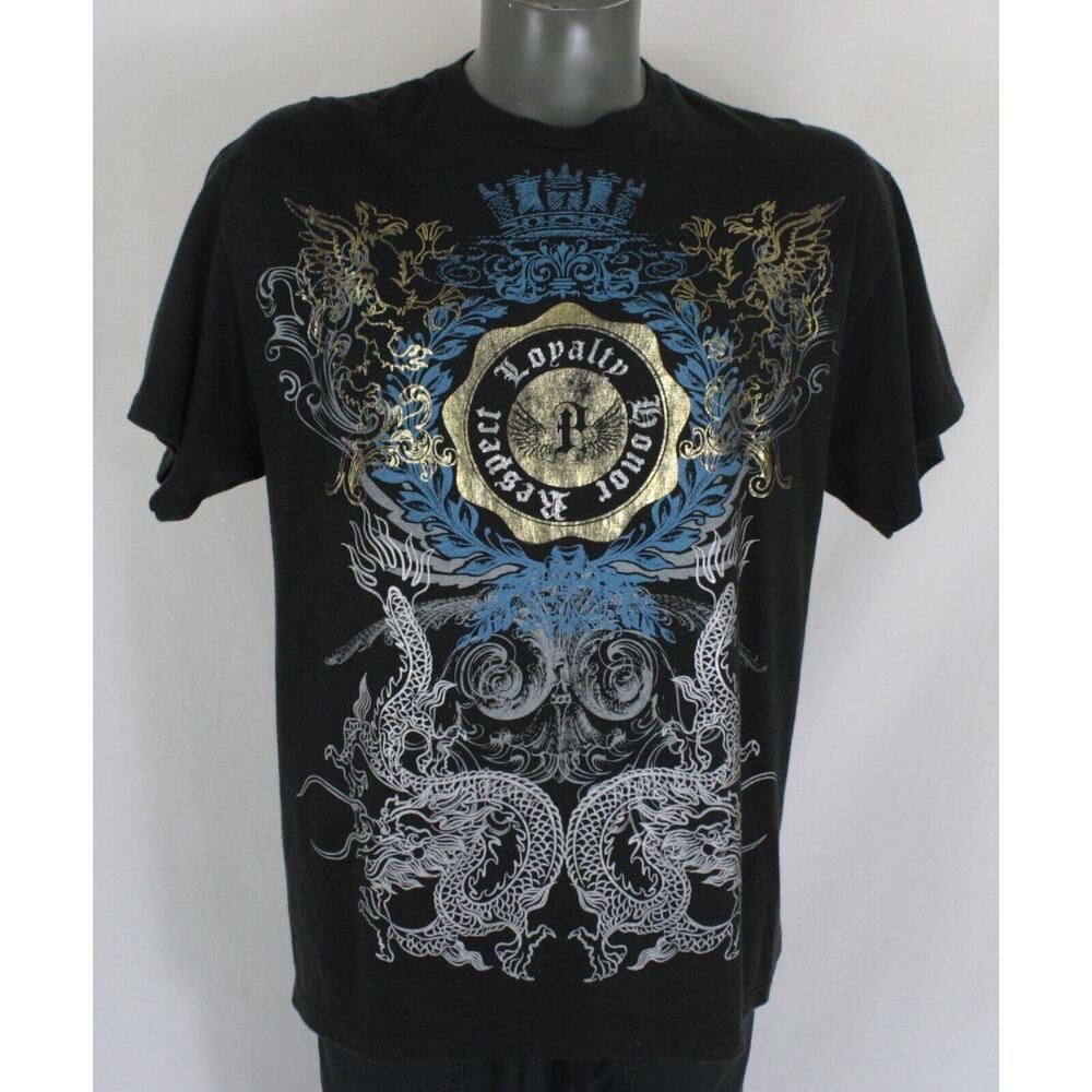 Vintage Y2k Goth Grunge Skater Print Black T-Shirt Mens L Affliction Style